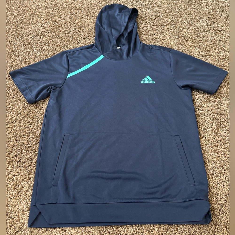 Adidas Sport Shooter Hoodie Short Sleeve Athletic Shirt Men’s M Pockets Navy EUC